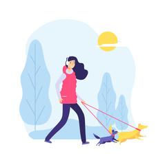Walking dog. Woman on nature, pet owner. Two cute dogs and girl in park or forest. Healthy lifestyle with animals vector illustration. Woman with dog in park, cartoon pet and person