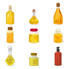 Big set glass bottles, vials, jars closed by cap, cork with perfume, cologne water, oil, liquid natural remedy for treatment, massage, cosmetic procedures, cooking. Vector mockup, template on white.
