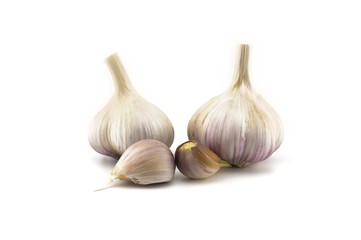 Garlic bulbs and cloves in close-up on white