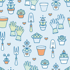 Vector Colorful Hand Drawn Garden Accessories on Green seamless pattern background.