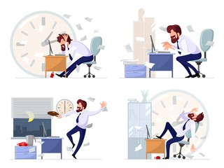 Big vector set with highlights of working life of bearded manager, office worker, businessman deadline, stress, laziness, conflict, crisis, inspiration, success, victory, achieving goals.