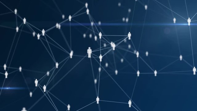Rotating people social network connection on dark blue Background. Silhouettes icons of business man and team work members connect together. 