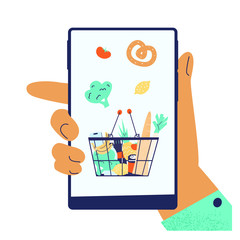 Food shopping service app. Hand holds phone with full shopping basket with groceries. Ordering food concept. Flat vector illustration.