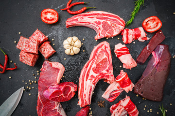 Top view of various fresh red raw meat
