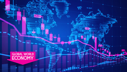 Fototapeta na wymiar Vector. Stock markets and financial investments. The global economic crisis. Forex charts with candles. Blue background with a map of the planet Earth. Infographics of trade ties. World Wide Web.