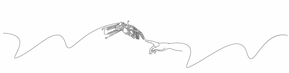 Hands of Robot and Human hands touching with fingers, Virtual Reality or Artificial Intelligence Technology Concept - obrazy, fototapety, plakaty