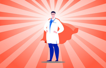 A man in a doctor's uniform  with red cloak superhero defend against the virus.