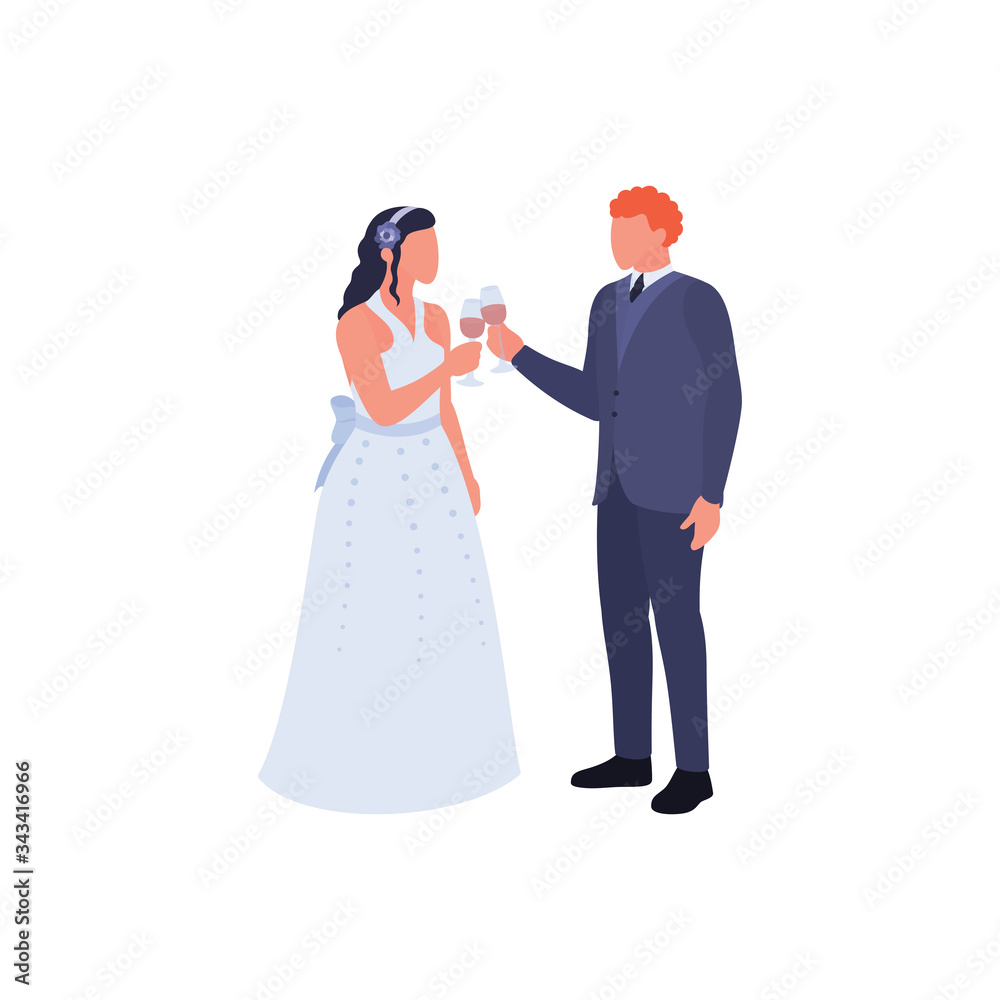 Wall mural bride and groom hold glasses with alcohol. couple celebrating marriage, isolated on white background