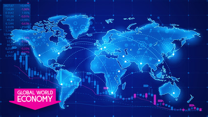 Stock markets and financial investments. The global economic crisis. Forex charts with candles. Blue background with a map of the planet Earth. Infographics of trade ties. World Wide Web. Vector.