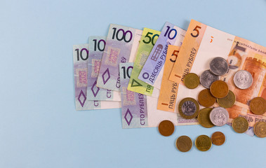 New money in Belarus on a blue background. Denomination in the Republic of Belarus 2016 Belarusian...