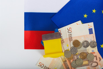 Small flags of the European Union and Russian Federation