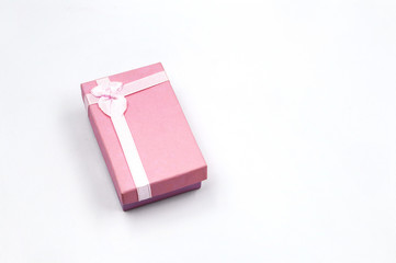pink gift box  rectangle with white ribbon isolated on white background
