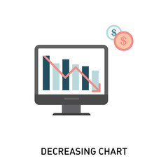Decreasing chart icon. Business graph chart with red decreasing arrow. Vector illustration in modern flat style.