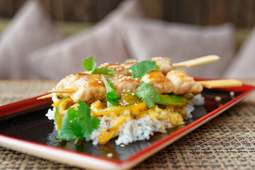 Chicken skewers with rice and teriyaki sauce