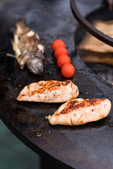 Chicken breast, fish and cherry tomatoes grilled on black surface