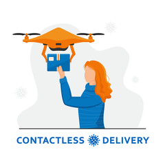 Contactless home delivery. Drone delivery concept. Red-haired girl holds out her hands to a quadrocopter. Remote air drone with a box. Non-contact express delivery during coronavirus pandemic