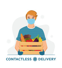 Contactless food delivery during coronavirus outbreak. Delivery man in a medical mask and gloves delivering grocery order. Non-contact delivery . Self isolation lifestyle. Express grocery delivery