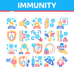 Immunity Human Biological Defense Icons Set Vector. Protective Bacterias, Syringe And Shield, Vitamin And Healthcare Pills For Immunity Concept Linear Pictograms. Color Illustrations