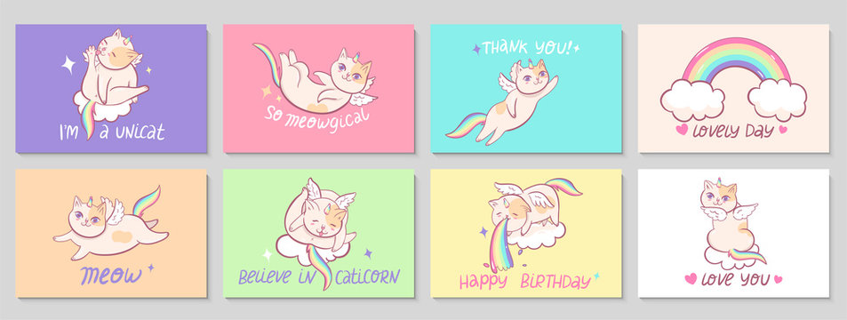 Set of eight cards with cats unicorns and a rainbow, funny inscriptions on cards. Happy birthday, so meowgical, i m a unicat, thank you, lovely day, meow, love you, believe in caticorn, inscriptions