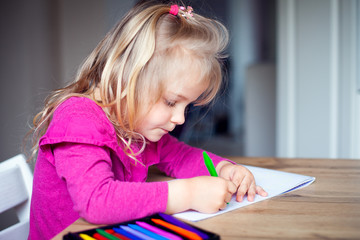 Beautiful and punctured little girl in bright pink clothes draws on paper with pencils while sitting at a table in the kitchen. A child draws quarantined at home. The child painstakingly and diligentl