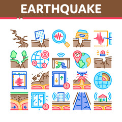 Earthquake Disaster Collection Icons Set Vector. Building And Road Destruction, Stone Collapse And Earthquake Catastrophe Concept Linear Pictograms. Color Illustrations