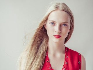 Blonde hair woman model red lipstick lips beauty portrait