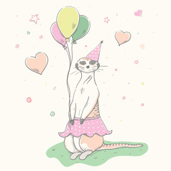 Lovely cute meerkat with color balloons. Meerkat girl in polka dot skirt and party hat. - 343420302