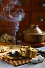 Chinese copper moxibustion box with smoke on bamboo 