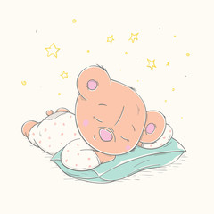 Lovely cute teddy bear is sleeping on a pillow. Little bear dressed in beautiful pajamas. - 343420536