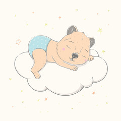 Lovely cute Quokka is sleeping on a white cloud. Beautiful Quokka dressed in blue panties. - 343420721