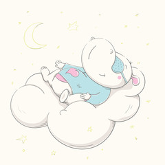 Lovely cute hippo is sleeping on a white cloud. Beautiful hippo dressed in pajamas and a blindfold.