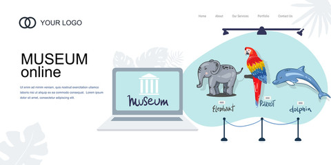 Landing Page Template. laptop shows a museum of nature online. zoo with animals. Elephant, parrot, dolphin. Online Tours Vector flat concept. Interactive museum exhibition. Virtual Museum online