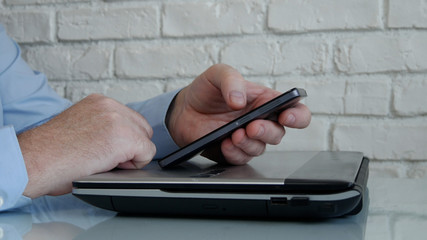 Businessman Working from Home Use Mobile and Internet Connection Accessing from Distance Company Office Network information