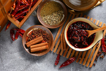 chili sauce in brown bowl on bamboo