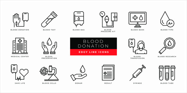Blood Donation icon set - minimal thin outline, web icon and symbol collection &ndash; blood, donation, test, bag, pressure kit, bank, type, preservation, tube, cells, donar Simple edgy vector illustration.