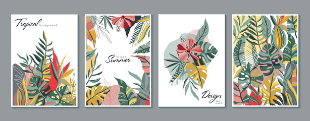 Vector collection of trendy creative cards with floral exotic tropical elements, palm leaves