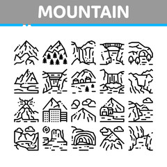 Mountain Landscape Collection Icons Set Vector. Forest And Camping On Mountain, Volcano And Cave, City Buildings And Bridge Concept Linear Pictograms. Monochrome Contour Illustrations