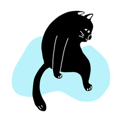 Hand drawn vector illustration of a cute funny black cat. The cat sits in a funny pose and is sad. Isolated objects on a white background.hand drawing.Design concept for a printed poster t-shirt.