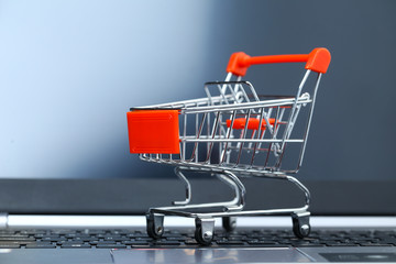 empty metal shopping cart on laptop keyboard in front of screen