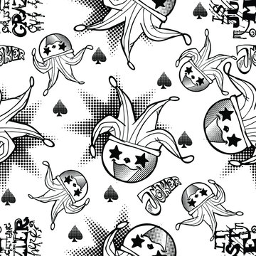 cute Kawaii devilish joker motif black and white doodle illustration cartoon  with burst or boom and typography vector seamless pattern with white background 