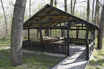A modern wooden gazebo with a sidewalk in a forest among tall trees. The arbor is covered with stain. The roof of the gazebo is made of straw.