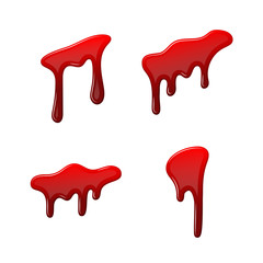 Blood drip 3D set. Drop blood isloated white background. Happy Halloween decoration design. Red splatter stain, splash spot, horror blot. Bleeding bloodstain texture. Liquid paint. Vector illustraton