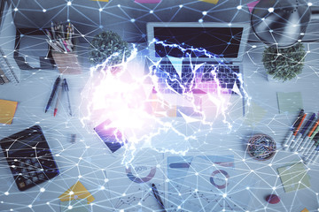Multi exposure of brain sketch hologram over topview work table background with computer. Concept of big data.
