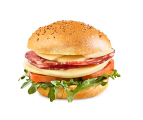 Sandwich with Italian Salami, Tomato, Cheese and Lettuce – Isolated on White Background