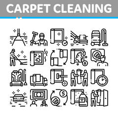 Carpet Cleaning Washing Service Icons Set Vector. Dusty And Dirty Carpet And Floor Vacuum Cleaner Equipment, Brush And Broom Concept Linear Pictograms. Monochrome Contour Illustrations