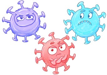 Obraz premium Hand drawn funny cartoon illustration of a molecules of coronavirus covid-19 with different emotions. Funny doodle image for kids. Isolated on a white background