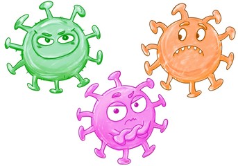 Hand drawn funny cartoon illustration of a molecule of coronavirus covid-19 with different emotions. Funny doodle image for kids. Isolated on a white background