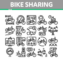 Bike Sharing Business Collection Icons Set Vector. Bike Share Deal And Agreement, Web Site And Phone Application, Helmet And Bicycle Parking Concept Linear Pictograms. Monochrome Contour Illustrations