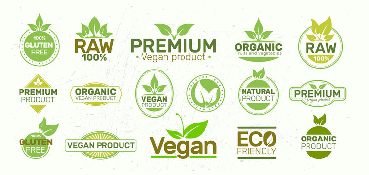 Set of eco labels , organic, fresh, healthy, 100 percent, premium and natural food, Vegan. Badges, tags, packaging. Vector logo