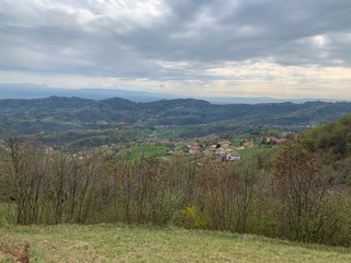 rural landscape with green field and blue sky